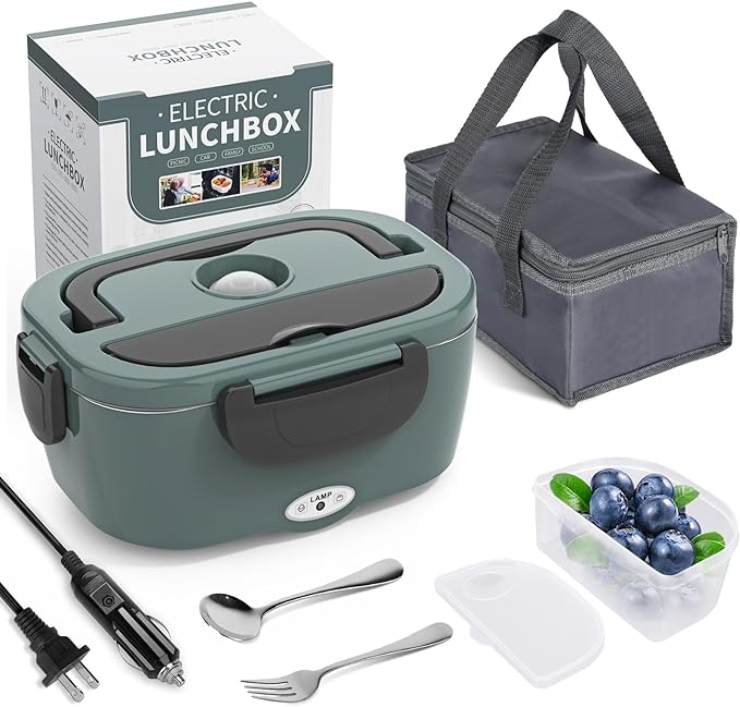 Electric Lunch Box Food Heater, 3 in 1 Ultra Quick Heated Lunch Boxes for Adults, 12V/24V/110V Portable Food Warmer for Car/Truck/Office With Fork Spoon and Insulated Carry Bag