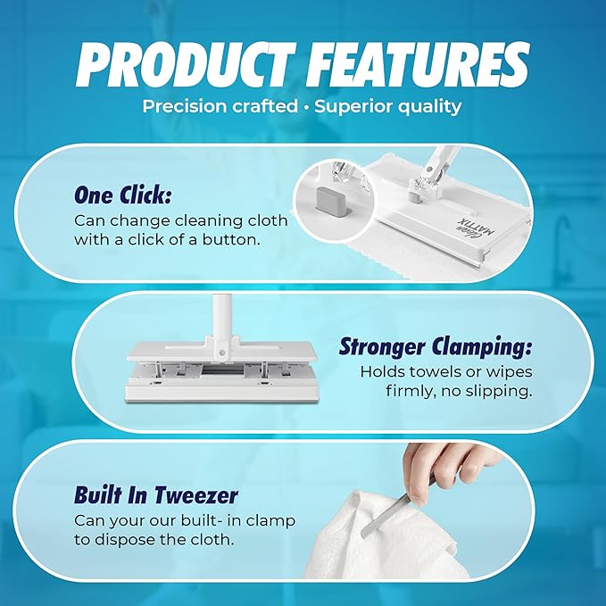FlexiClamp Sweep & Mop Kit - Compatible with Swiffer Pads, Durable Cleaning Tool for Hardwood, Tile, Marble & Laminate Floors, Home, Kitchen Cleaning Essentials. (Include 10 Dry Cloths)