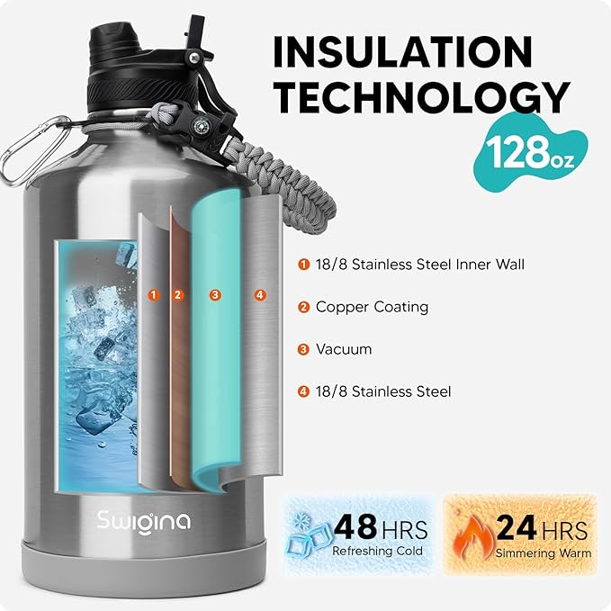 [2-IN-1 LID] Gallon Insulated Water Bottle with Silicone Boot (48hrs Cold/24hrs Hot) - DIY Stickers, Leakproof, BPA Free, 128 oz