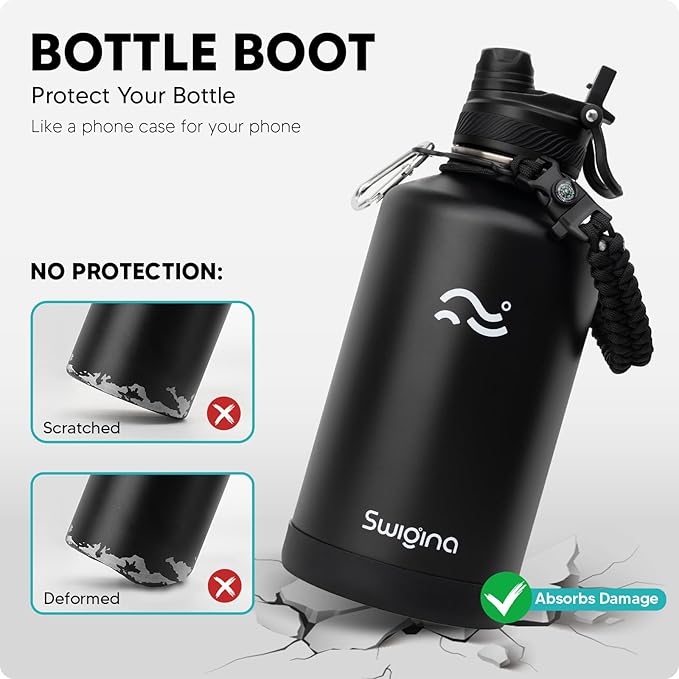[2-IN-1 LID] 64 oz Insulated Water Bottle with Silicone Boot (48hrs Cold/24hrs Hot) - DIY Stickers, Leakproof, BPA Free, Half Gallon