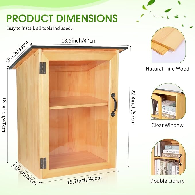 Outdoor Library Book Box - Double Free Literature Exchange Box Outdoor Book Storage Little Wood Cabinet with Shelf for DIY, Neighborhoods Community and Schools Sharing Books, Literature and Newspapers