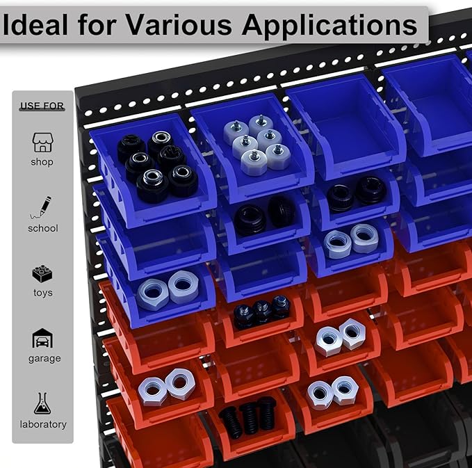 90PCS Heavy-Duty Wall Mounted Storage Bins - Plastic Adjustable Compartment Organizer for Nuts, Bolts, Screws & DIY Tools | Garage, Workshop Wall Rack