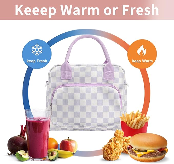 Lunch Bag Women Lunch Box for Women Adult Cute Insulated Lunch Bag Lager Cooler Lunch Tote Bags for Work Picnic (Beige-Purple Plaid)