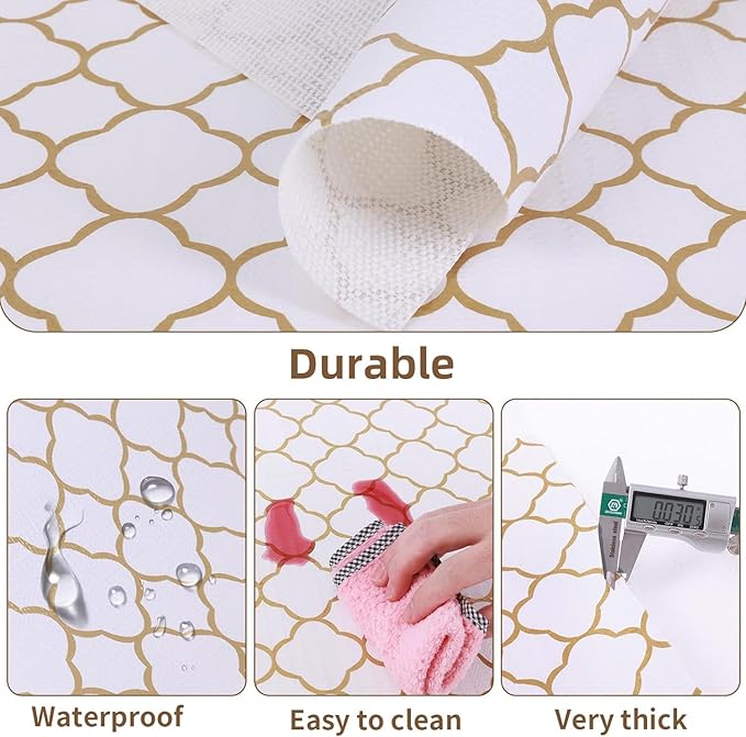 Shelf Drawer Liners for Kitchen Cabinets Non Adhesive Drawer Liner Thickened Refrigerator Liner Gold Quatrefoil Strong Non-Slip Paper for Tool Box with Knife and Tape Measure,17.3 x 236.2 Inches