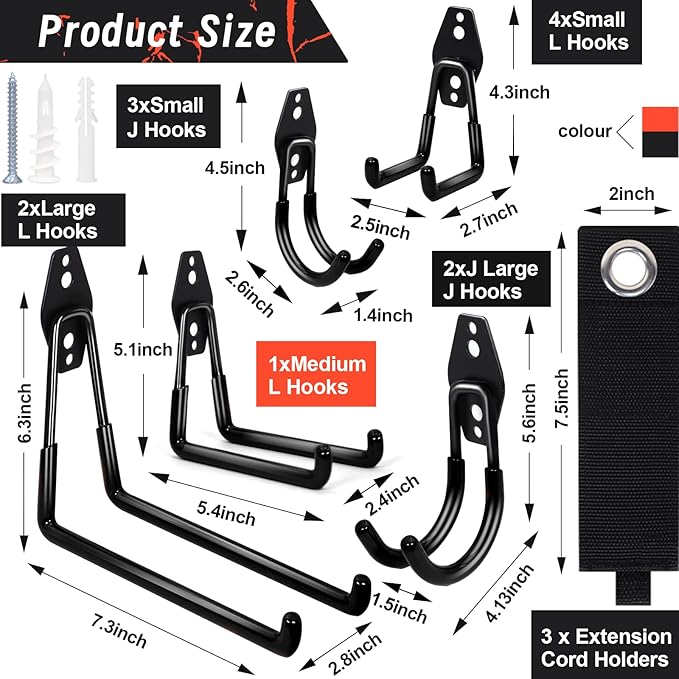 15pcs Garage Storage Wall Hooks - Heavy Duty Garage Hooks for Hanging Yard Tools Ladders Bikes Power Hose Shovel Metal Shed Hangers Organizer System
