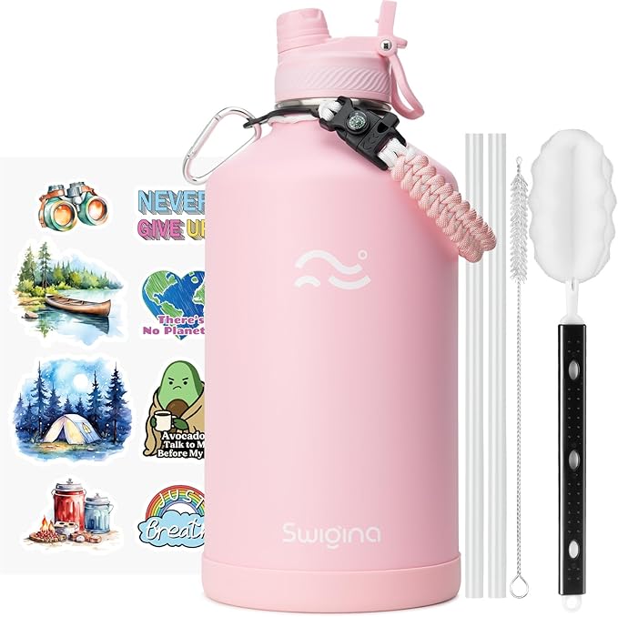 [2-IN-1 LID] Gallon Insulated Water Bottle with Silicone Boot (48hrs Cold/24hrs Hot) - DIY Stickers, Leakproof, BPA Free, 128 oz