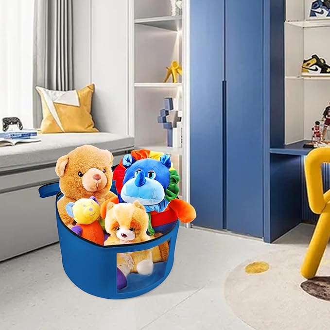 Large Hat Storage Box for Women & Men, 16" D x 10" H Hat Box Organizer，Foldable Round Travel Hat Boxes with Dustproof Lid, Stuffed Toy Storage Bin Bag (Ultramarine Blue)