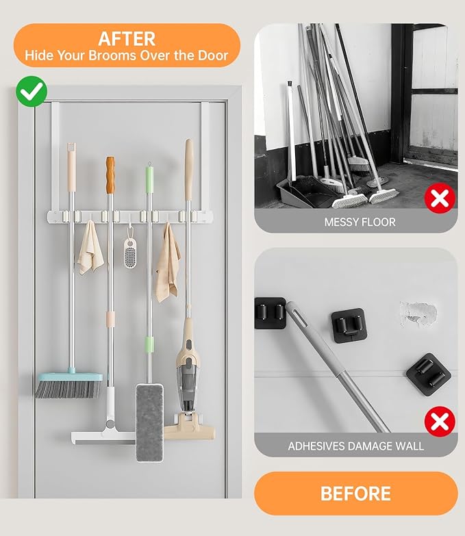 Broom Holder Over The Door - 304 Stainless Steel Mop and Broom Holder Wall Mounted or Hanging Over The Door with Hooks - Broom Hanger - white, Broom Storage Tool Organizer for Closet Laundry