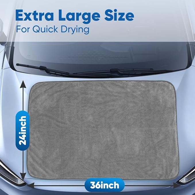 HOMEXCEL Professional Car Drying Towel (36"x 24") with Twisted-Loop Technology, 1200GSM for a Streak-Free Finish – Microfiber Towels for Cars, Trucks, SUVs, RVs and Motorcycles, Grey