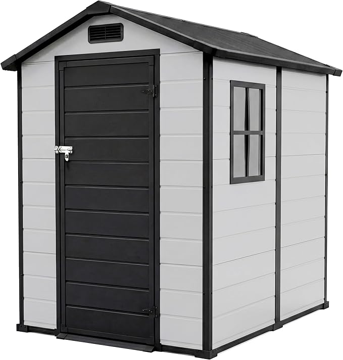 4x6 FT Outdoor Storage Shed with Floor, Plastic Resin Garden Shed with Window & Sloping Roof & Lockable Door for Patio Backyard Garden, Lawn Mower, Bike, Tool Storage