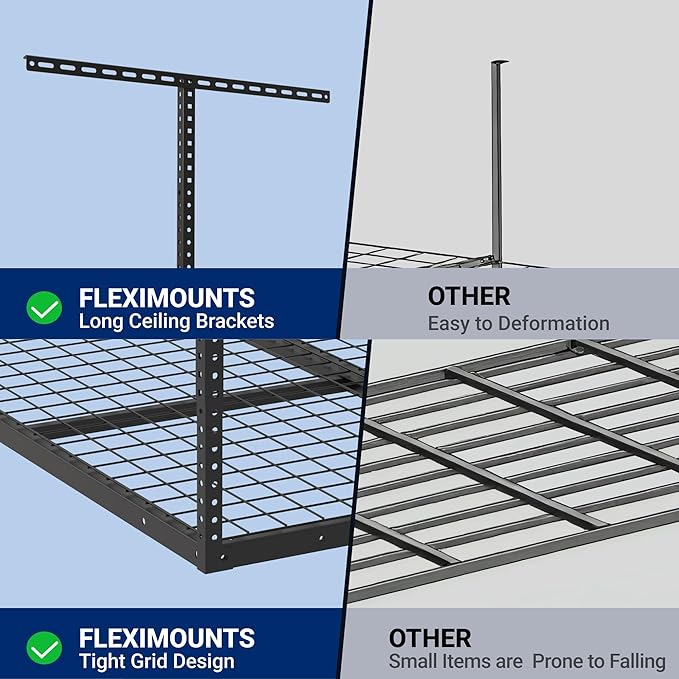 FLEXIMOUNTS 4x4 Overhead Garage Storage Rack, Adjustable Organization System, Heavy-Duty Metal Ceiling Racks, 350lbs Weight Capacity, Black, Classic Series