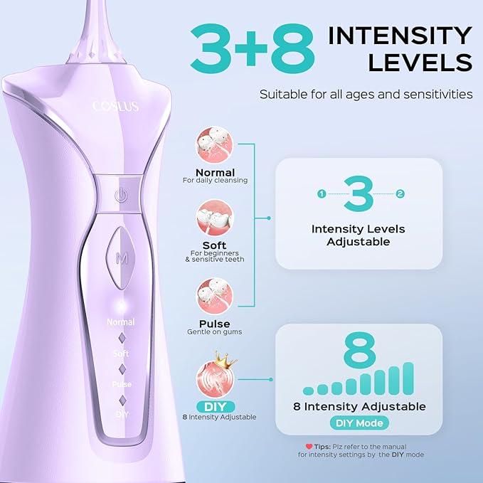 COSLUS Water Dental Flosser Pick for Teeth C30(FC5360): 4 Modes Cordless 300ML Larger Tank Portable Water Teeth Cleaner Picks IPX7 Waterproof Flossing Machine for Home Travel Purple