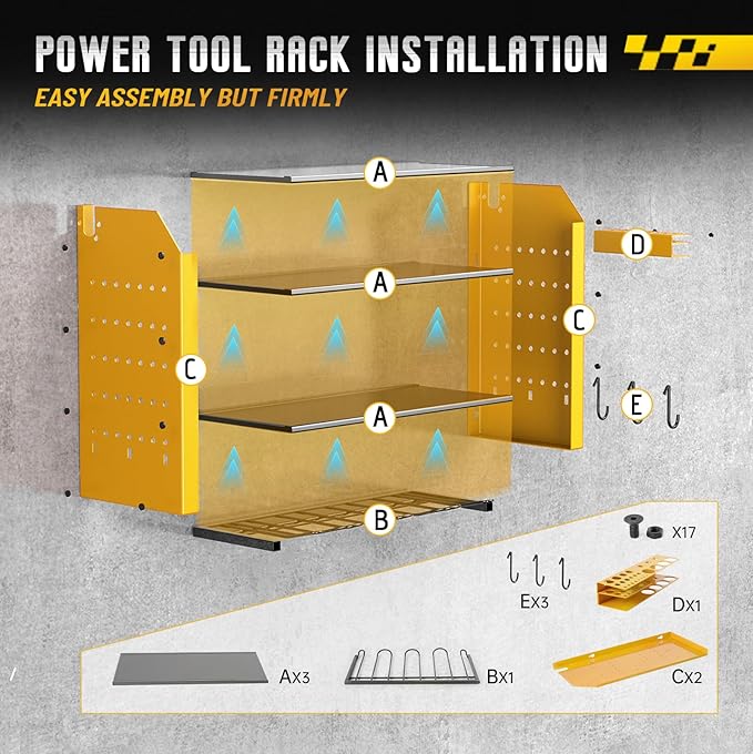 Power Tool Organizer Rack for Home Tool Storage, 4 Tier Wall Organizer for Drills, Tool Battery Storage, Utility Holder Wall Mountr with Hooks,Yellow