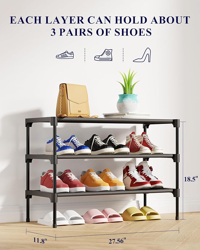 Kitsure Shoe Rack - Non-Woven Shoe Rack Shelf, Shoe Organizer for Closet, Entryway, Garage & Corridor, Stackable Shoe Shelves, 27.5" Wide - 3 Tier, Black