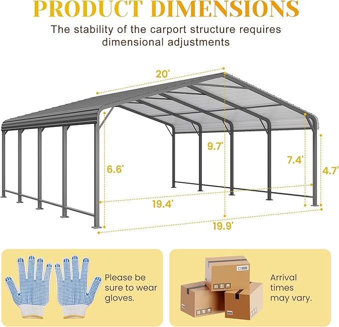 20' x 20' Metal Carport with Updated Roof & Enhanced Base, Heavy Duty Canopy Carport Garage, Vertaile for Car, Truck, Boat, Tractors, Party, Grey