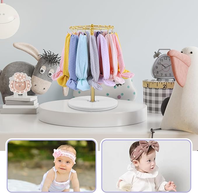 Planetgreen 360° Rotating Headband Holder for Baby Girls - Gold Hair Bow Organizer Display Stand with 30 Hooks - Spinning Hair Accessories Storage Rack for Nursery Room, Dresser & Vanity Table