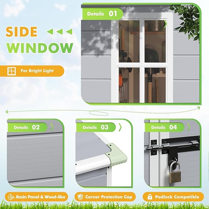 Devoko 6 x 4 FT Plastic Outdoor Storage Shed with Floor, Resin Garden Shed with Window, Outside Waterproof Tool Shed with Lockable Door for Backyard, Patio, Poolside, Light Grey
