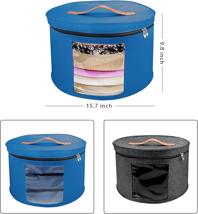 Large Hat Storage Box for Women & Men, 16" D x 10" H Hat Box Organizer，Foldable Round Travel Hat Boxes with Dustproof Lid, Stuffed Toy Storage Bin Bag (Ultramarine Blue)