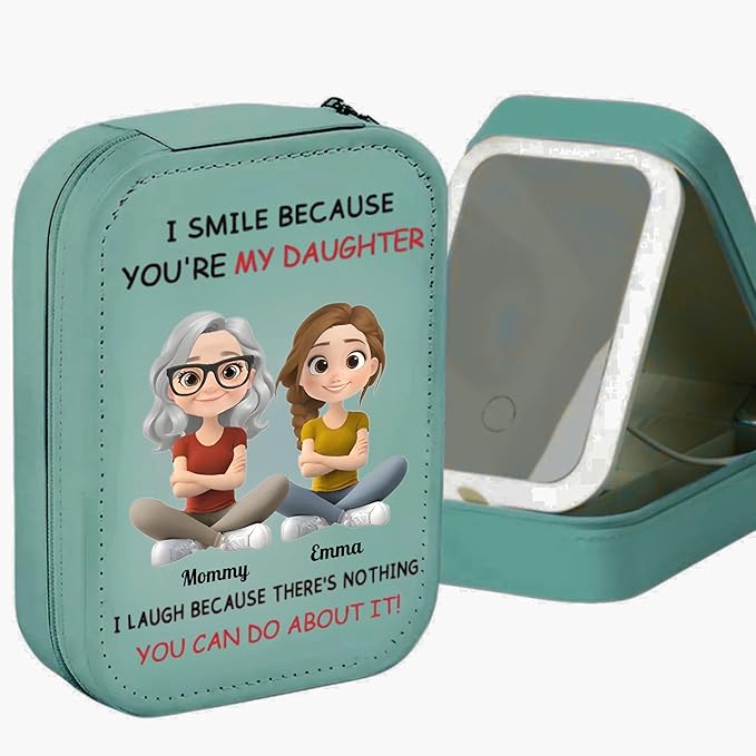 I Smile Because You're My Daughter, For Daughter Personalized Custom Jewelry Box with LED Mirror, Cartoon Mom Daughter Travel Jewelry Case, Daughter Leather Jewelry Organizer, Daughter Gifts from Mom