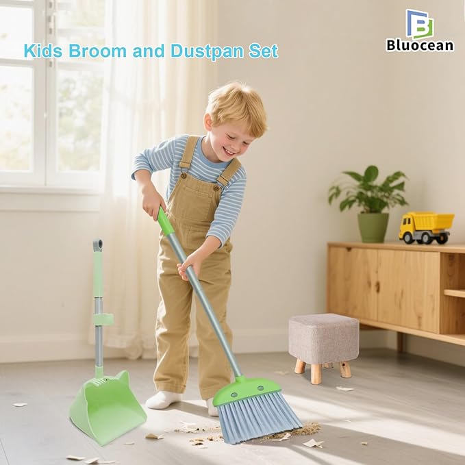 28'' Kids Mini Broom and Dustpan Set - Toddler Cleaning Toy, Toddler Household Helper, Parent-Child Interactive Play Cleaning Tool, Cute Cartoon Design, Small Safe Corner Broom (Green Sprout)