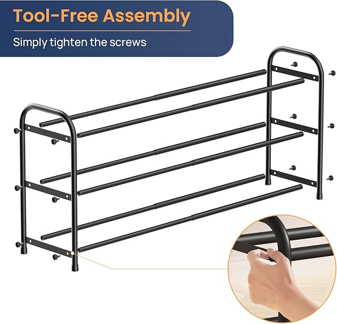 ENJOYBASICS Expandable Shoe Rack, 3 Tier Adjustable Shoe Organizer Shelf for Closet, Black Metal Free Standing Shoe Rack Storage for Small Space, Entryway | Adjustable, for Closet, Shoe Rack Storage, for Small Space, Entryway