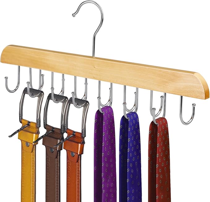 Solid Wood Belt Hanger for Closet, 14 Hooks Belt Organizer Space Saver, 360° Rotating Belt Holder Tie Rack for Men Women Dorm Bra Purse Scarf Tank Top Storage Accessories (Beige)
