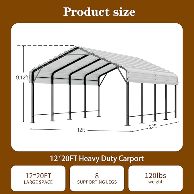 Walsunny Metal Carport 12x20 FT Heavy Duty Carport Canopy with Enhanced Base, Outdoor Car Shelter with Galvanized Steel Roof and Frame Garage for Truck, SUV, Boat, White