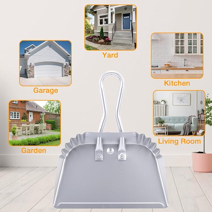 Mumufy 2 Pcs 12 Inch Heavy Duty Metal Dustpan, Stainless Steel Large Wide Dust Pans for Household, Handheld Scooper, Debris Cleaning Tool for Home Garage Studio Courtyard Indoor Outdoor(Silver)