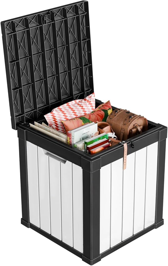 EasyUp 50 Gallon Outdoor Storage Box, Resin Waterproof UV-Resistant Deck Box, Reinforced Stability for Patio, Garden, and Poolside, Striped Black & White