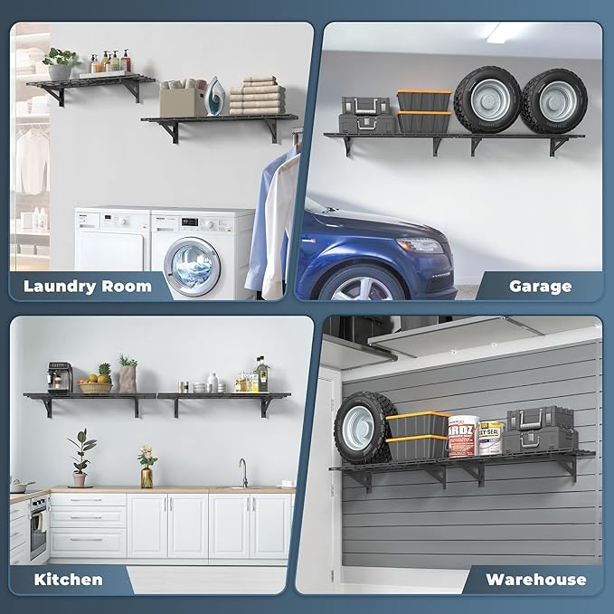 2 Pack Heavy Duty Garage Wall Shelving Set (1x4ft), Wall Mounted Garage Shelves 700lbs Capacity, 12"x48" Shelf Storage Rack Floating Shelves, Black