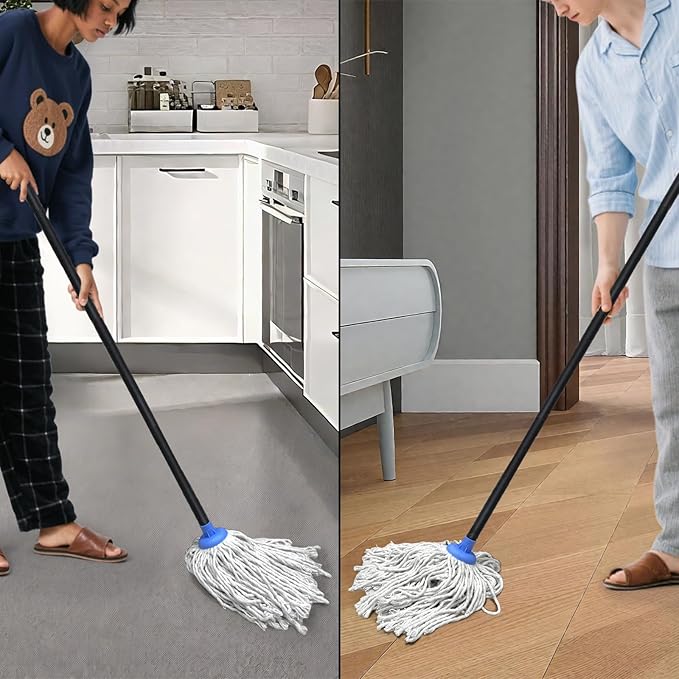 Indoor Mop for Floor Cleaning - Cotton Mops for Floor Cleaning, Regular Mop for Floors, 49-inch Simple Mops for Cleaning Living Rooms, Bathrooms, and Kitchens. (White&Blue)