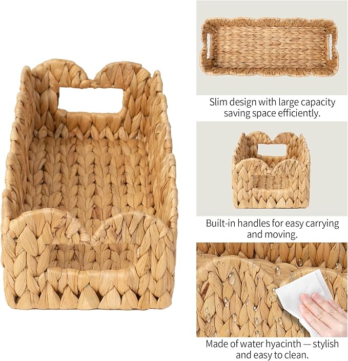 2 Pack Toilet Baskets,Scalloped Edge Wicker Basket for Toilet Paper Storage,Small Baskets for Bathroom,Living Room,Countertop, Shelves,Both Organizer&Decor,Natural Water Hyacinth
