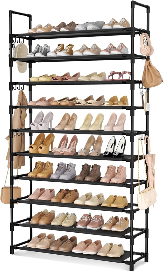 Tall Shoe Rack 10 Tier Shoe Organizer Large Shoe Shelf with 18 Hooks Storage for 50 Pair, Stackable Vertical Shoe Rack Organizer for Closet, Entryway, Bedroom