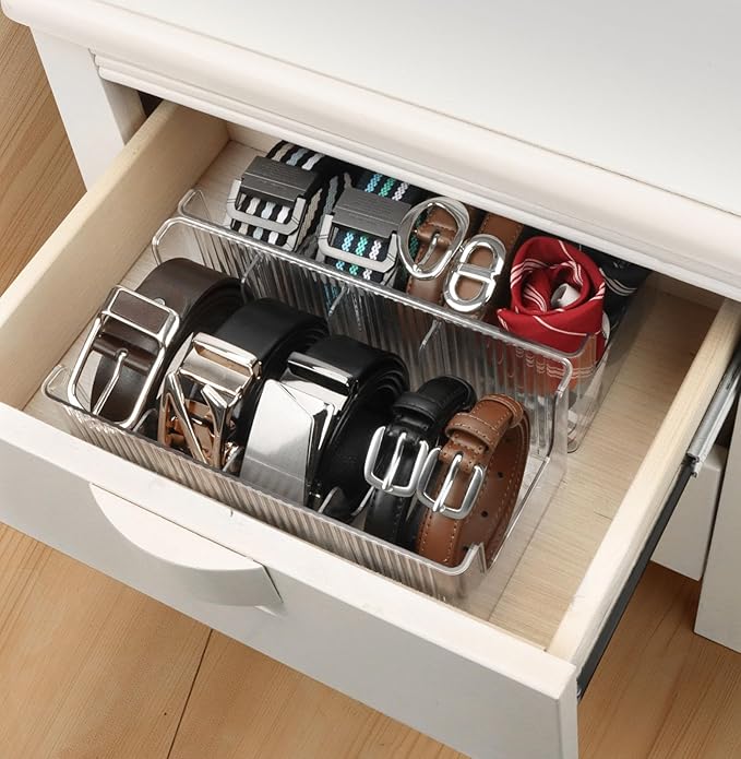 Clear Belt Organizer Extendable, 2 Pack Acrylic Belt Storage Holder with Adjustable Dividers, Belts Storage Container for Drawer and Closet Organization