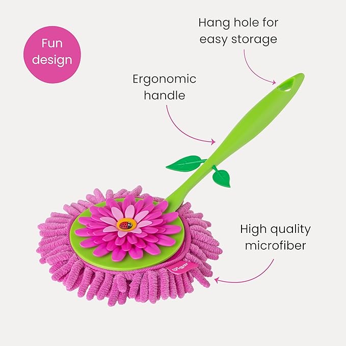 Vigar Flower Power Microfiber Duster with Comfortable Non-Slip Handle, Detachable Washable Duster Head, Green and Pink