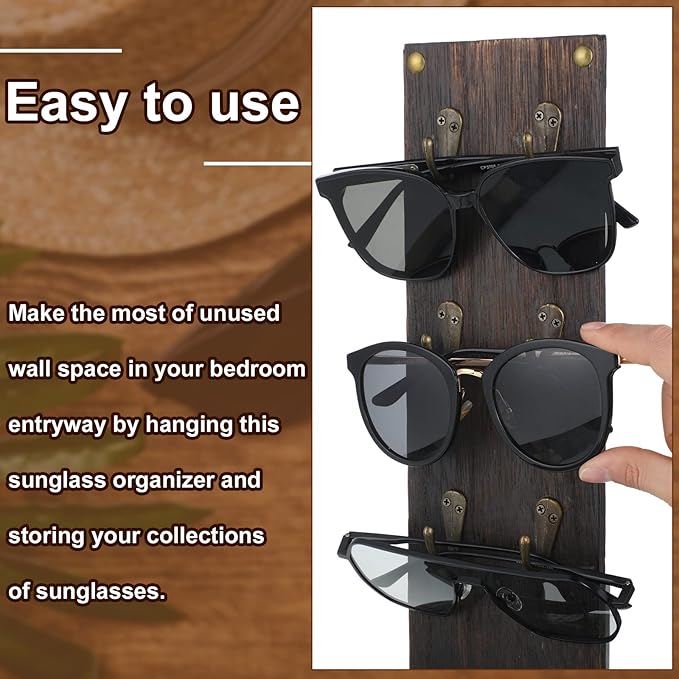 Moxweyeni Set of 2 Rustic Mounted Sunglasses Storage Organizer Wood Eyeglasses Holder Sunglass Rack Eyeglasses Display Rack with Metal Hooks Glasses Wall Decor Hanging Jewelry Organizers for Home