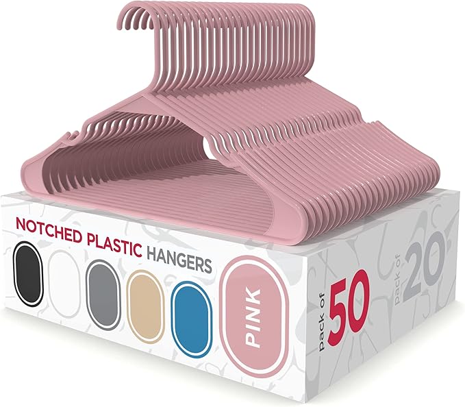 Sharpty Plastic Hangers Clothes Hangers for Clothing, Closet, Coats & Shirts - Notched, Durable, Space Saving - for Everyday Standard Use, Room Essentials & Basics - 50 Pack - Pink