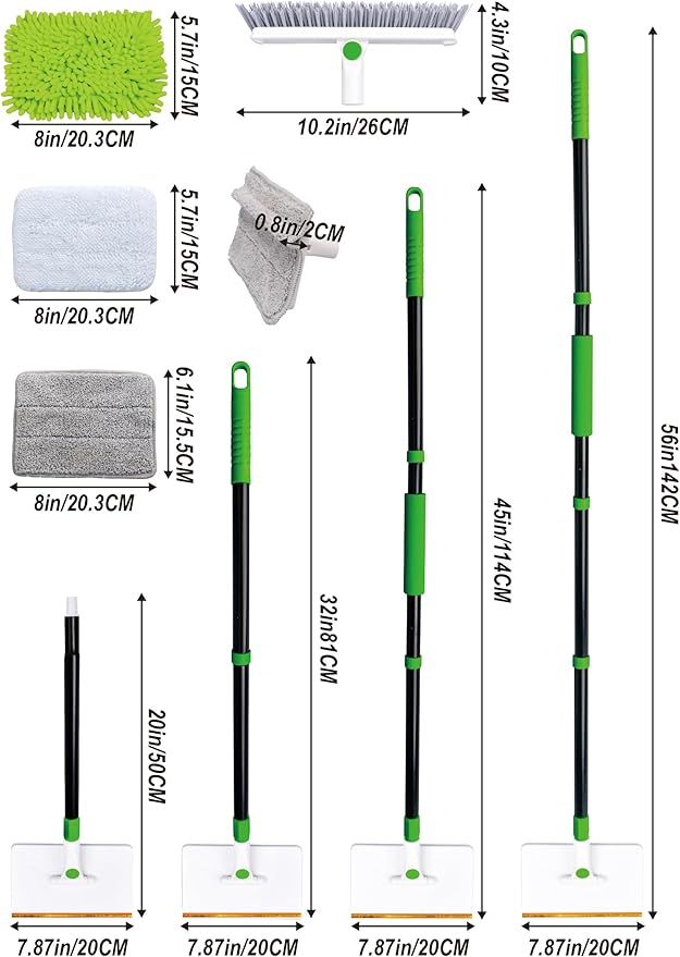 4-in-1 Baseboard Cleaning Tool with Handle 5 Reusable Pads 1 Stiff Bristle Brush Carpet Rake for Pet Hair Removal Baseboard Cleaner Carpet Windows Wall Floor Bathroom Kitchen