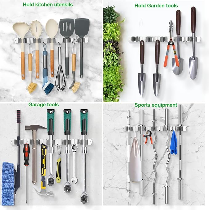voze 3 Racks and 4 Hooks Mop and Broom Holder Wall Mount, Self Adhesive Heavy Duty Broom Organizer Storage Tool Racks for Kitchen Garden Laundry Garage