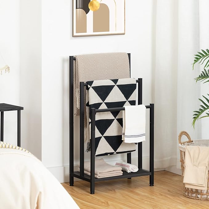 HOOBRO Free Standing Towel Rack, 3 Tier Blanket Rack, Blanket Holder for Bathroom, 16.9" L x 11" W x 31.9" H, Industrial Metal Drying and Display Rack with Shelf, Black BB03LB01