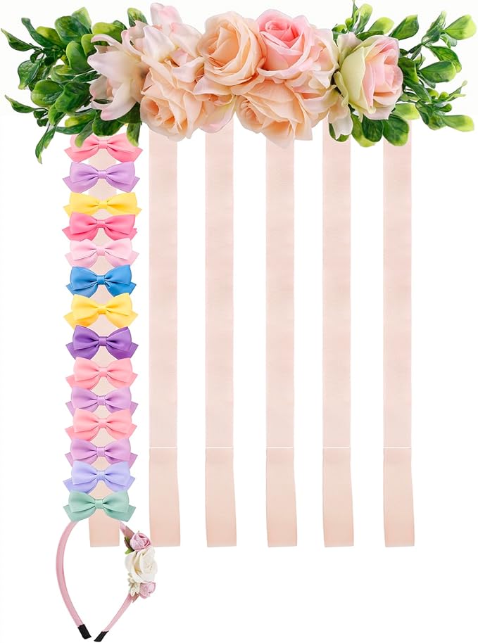 Hair Bows Holder Headband Organizer for Girls,Baby Hair Accessories Organizer Hair Clips Hanger Storage with Hooks, Wall Hanging Decor for Nursery Room (FB-GJ-Pink, JS95*38CM)