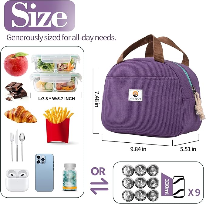 Lunch Box Lunch Bag for Women Girls Teens, Cute Lunch Box Cooler Bag, Portable Small Insulated LunchBox Reusable Corduroy Lunch Tote for Work/Travel/Picnic/School (Purple)
