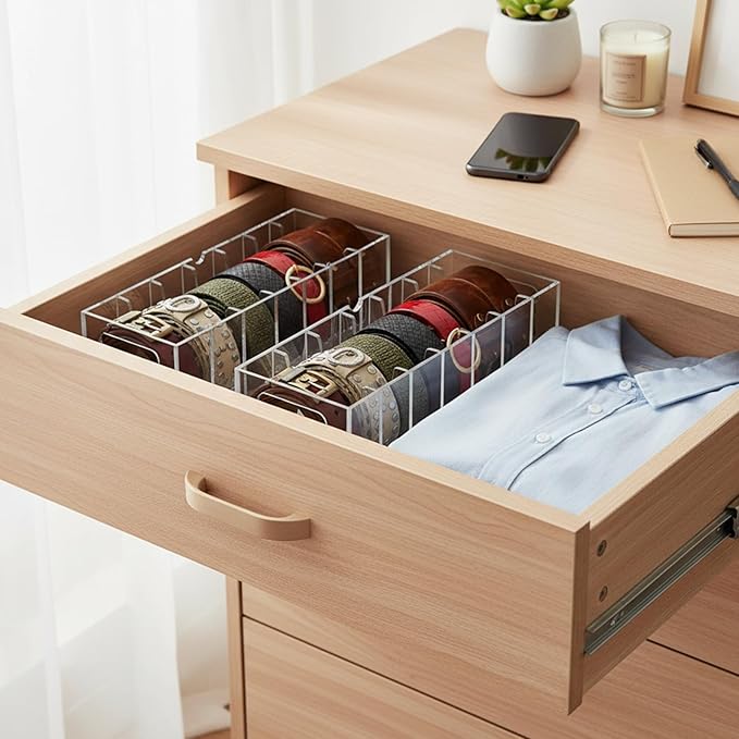 Belt Organizer Acrylic, Belt Organizer for Drawer with Lid and Handle Dustproof 7 Compartments 2 in 1 Beltbox Hangable Sock Storage Durable for Storing Ties in Wardrobes and Drawers