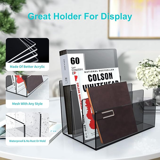 Boloyo Acrylic File Holder,1PC 3 Sections Clear Black File Organizer Mail Letter Sorter Desktop Folder Holder for Home Office School Envelope Bill Filling Paper Document