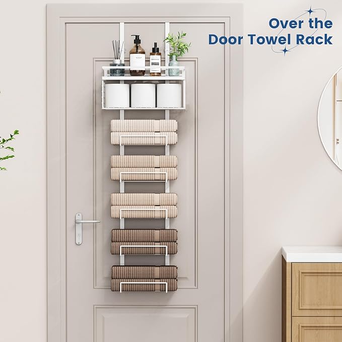 Towel Racks for Bathroom Over The Door Towel Racks Towel Storage Organizer with Metal Shelf Basket for Bathroom Rv Camper (7-Tier White)