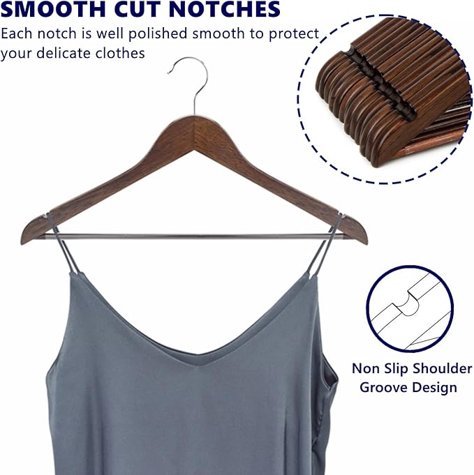 Amber Home 30-Pack Vintage Wooden Coat Hangers, Walnut Wood Suit Hangers with Non-Slip Pant Bar for Shirts, Jackets, Dresses, Pants - Retro