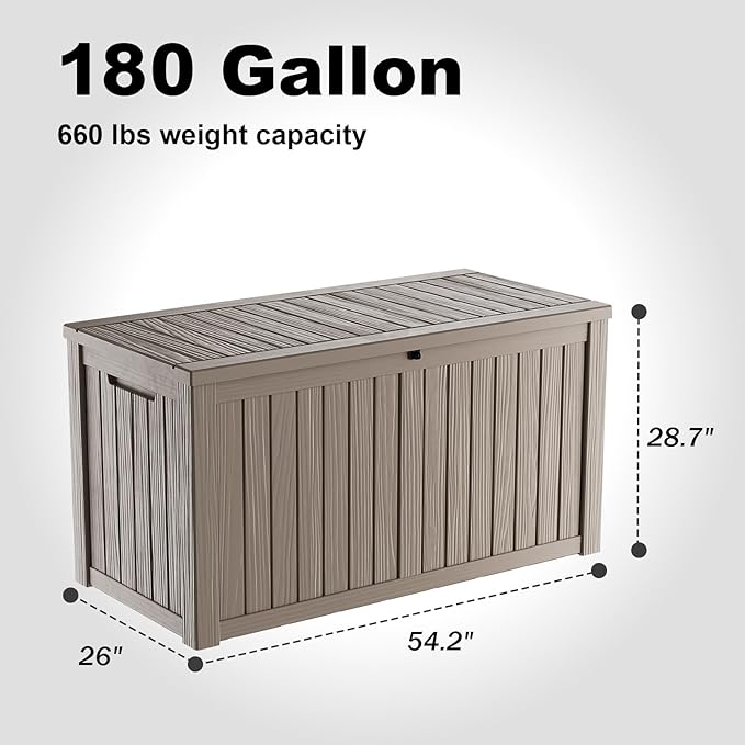 180Gallon Waterproof Outdoor Storage Box, UV Resistant Resin Deck Box with Hydraulic Rod for Reinforced Stability, Perfect for Patio, Garden, and Pool（Grey，180 Gallon）