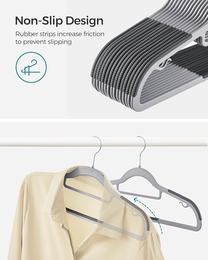 SONGMICS Pack of 60 Coat Hangers, Space-Saving Plastic Clothes Hangers, Non-Slip, 0.2 Inches Slim, 16.5 Inches Wide, 360° Swivel Silver Hook, Light and Dark Gray UCRP0020G01
