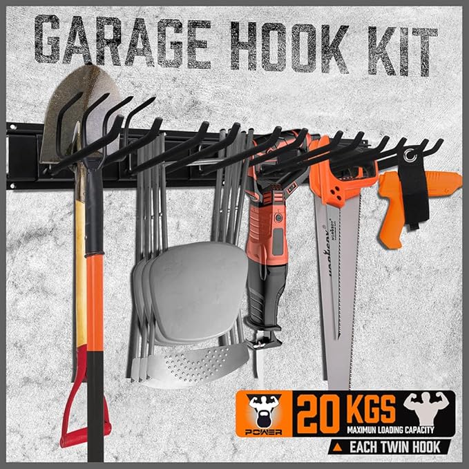 HORUSDY 64-Inch Heavy Duty Garage Organization Rack, 14 Packs Max Load 600LB, 4 Packs Rails and 9 Adjustable Hooks, Tool Organizer Rack with Heavy Double Hooks Tracks