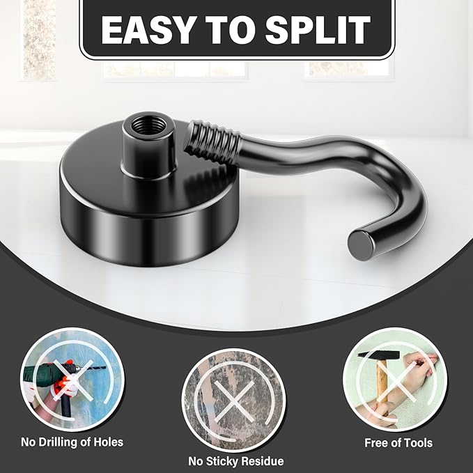 8 Pack Black Magnetic Hooks, 25 LB Neodymium Magnetic Hooks for Cruise Cabins, Strong Magnets with Hooks for Classroom, Mugs, Camper, Office, Kitchen, Metal Hooks for Cruise Ship Walls